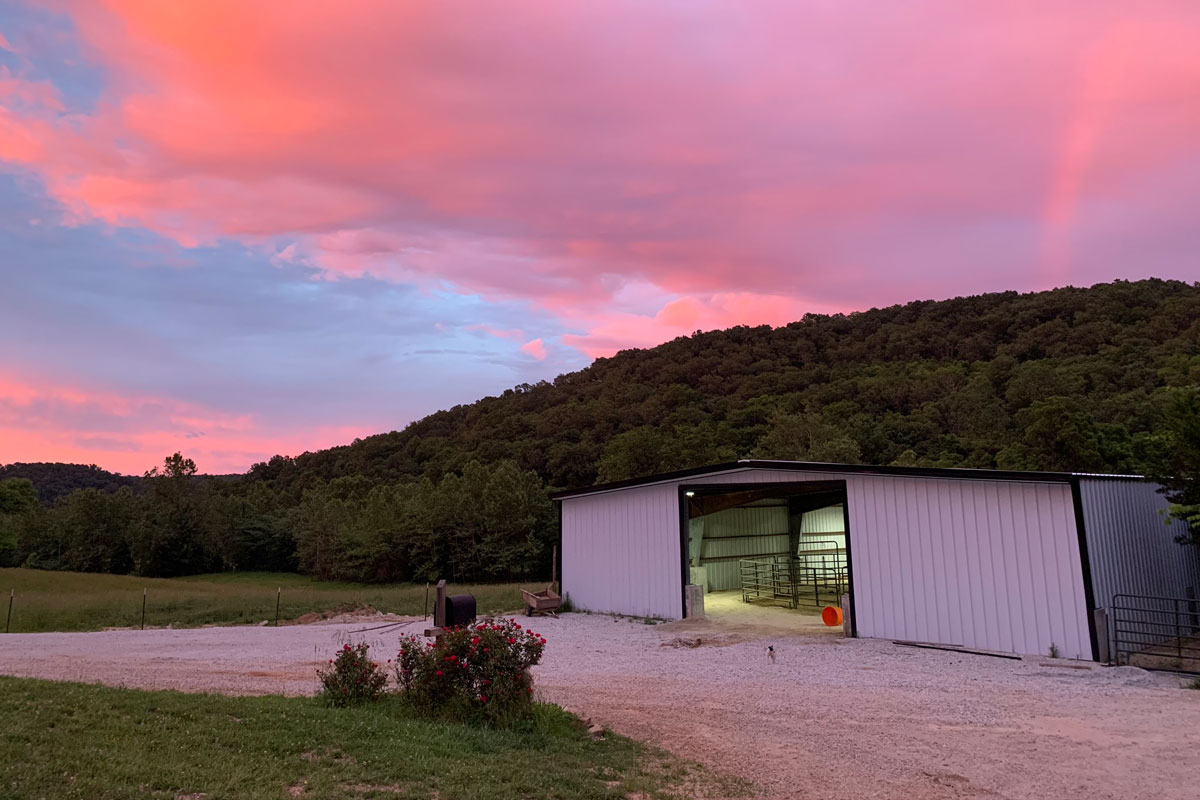 A metal barn sits on a gravel driveway surrounded by green hills and trees, under a vibrant pink and orange sunset sky with clouds. Some flowers bloom near the foreground. The barn is illuminated inside.